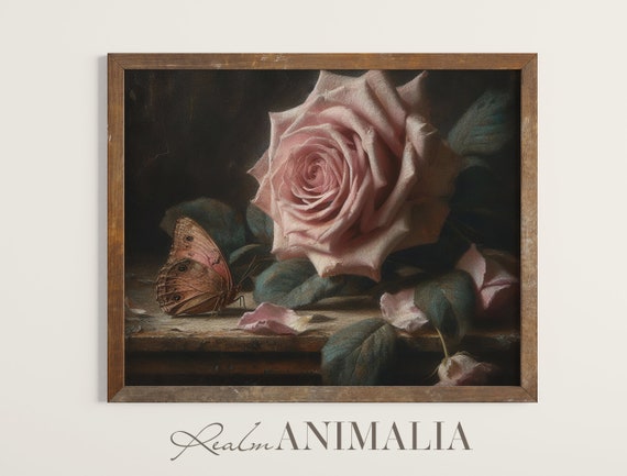 Rose And Butterfly Still Life Painting Vintage Light Academia Cottagecore Floral Wall Art Print Moody Insect Decor Fls001