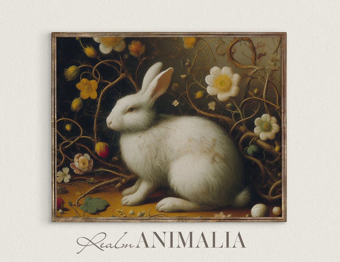 White Rabbit Among Golden Vines And Wildflowers Square Vintage Art Print