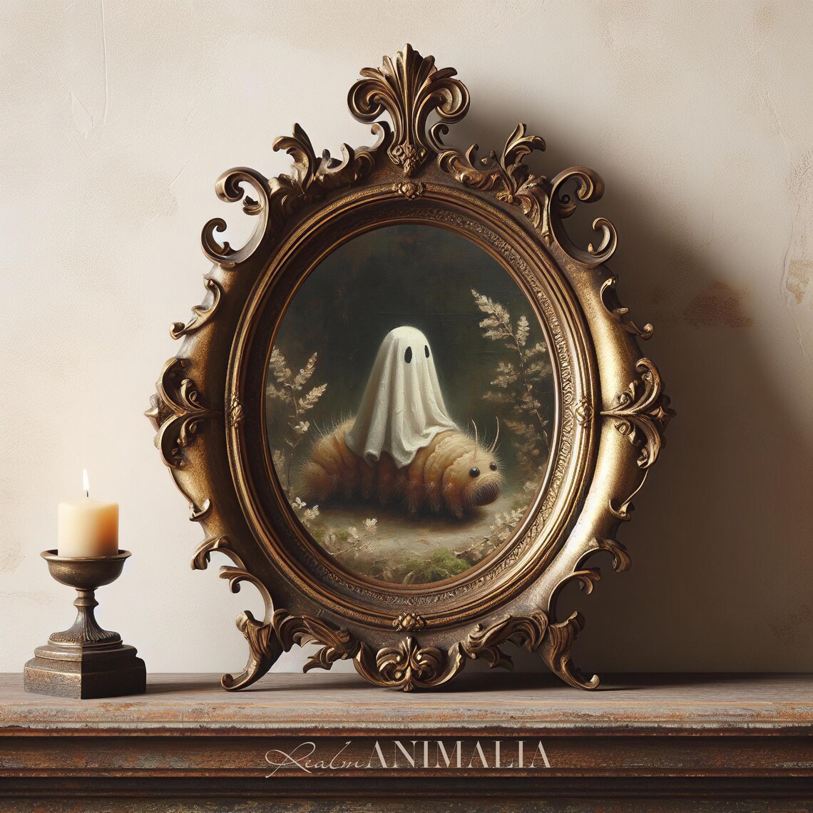 Little Ghost Riding Caterpillar Dark Forest Moody Halloween Wall Art Poster - Image 3