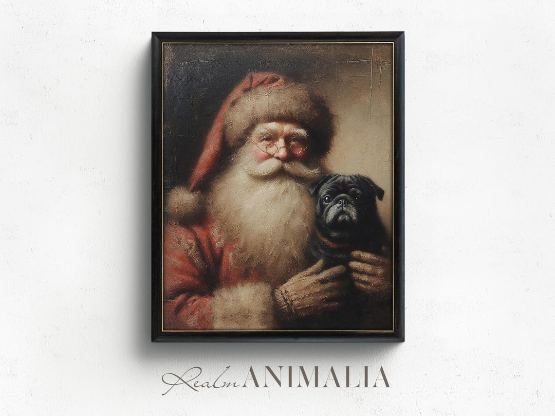Vintage Santa Claus Holding Black Pug Dog Moody Christmas Poster - Image 4