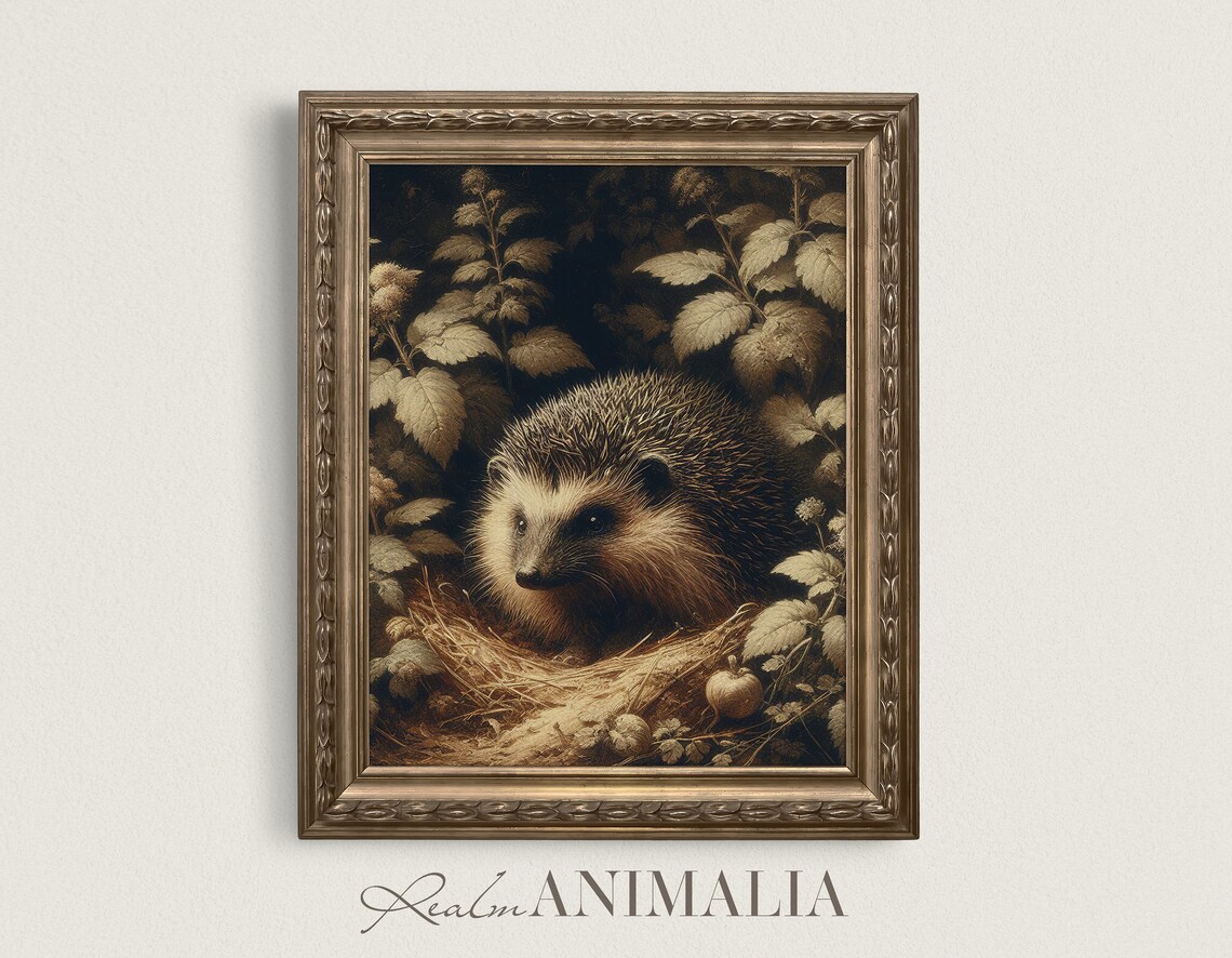 Vintage Hedgehog Painting, Moody Botanical Art Print