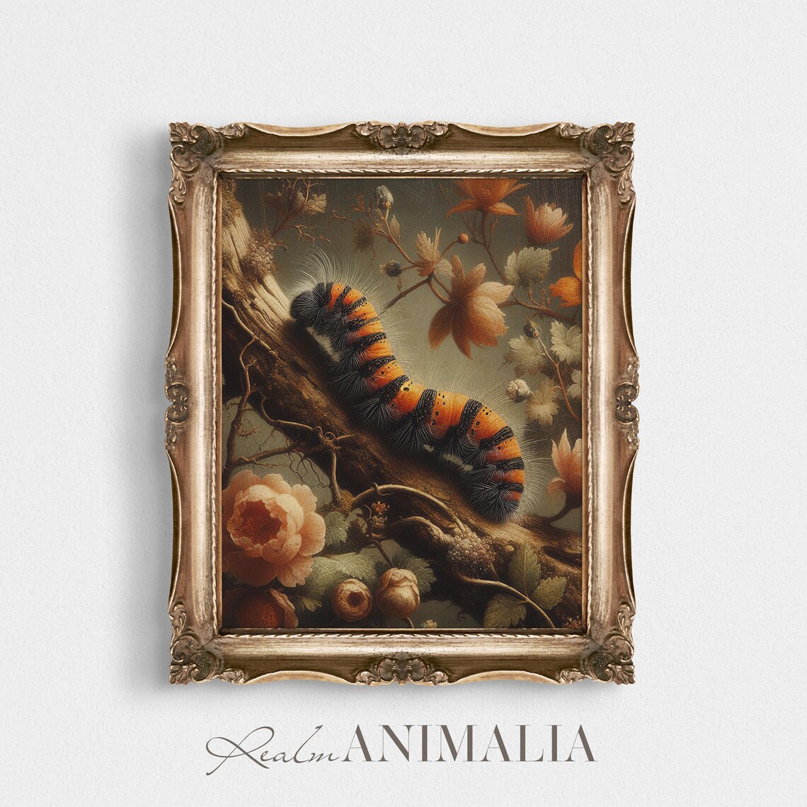 Orange Striped Caterpillar On Blooming Branch Moody Floral Art Print - Image 2