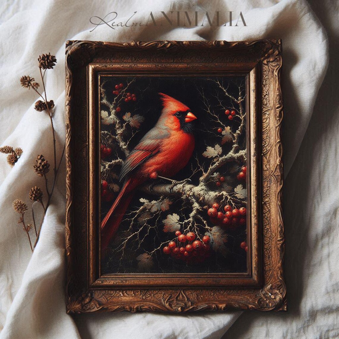 Red Cardinal Bird Art Print, Rustic Winter Portrait - Image 3