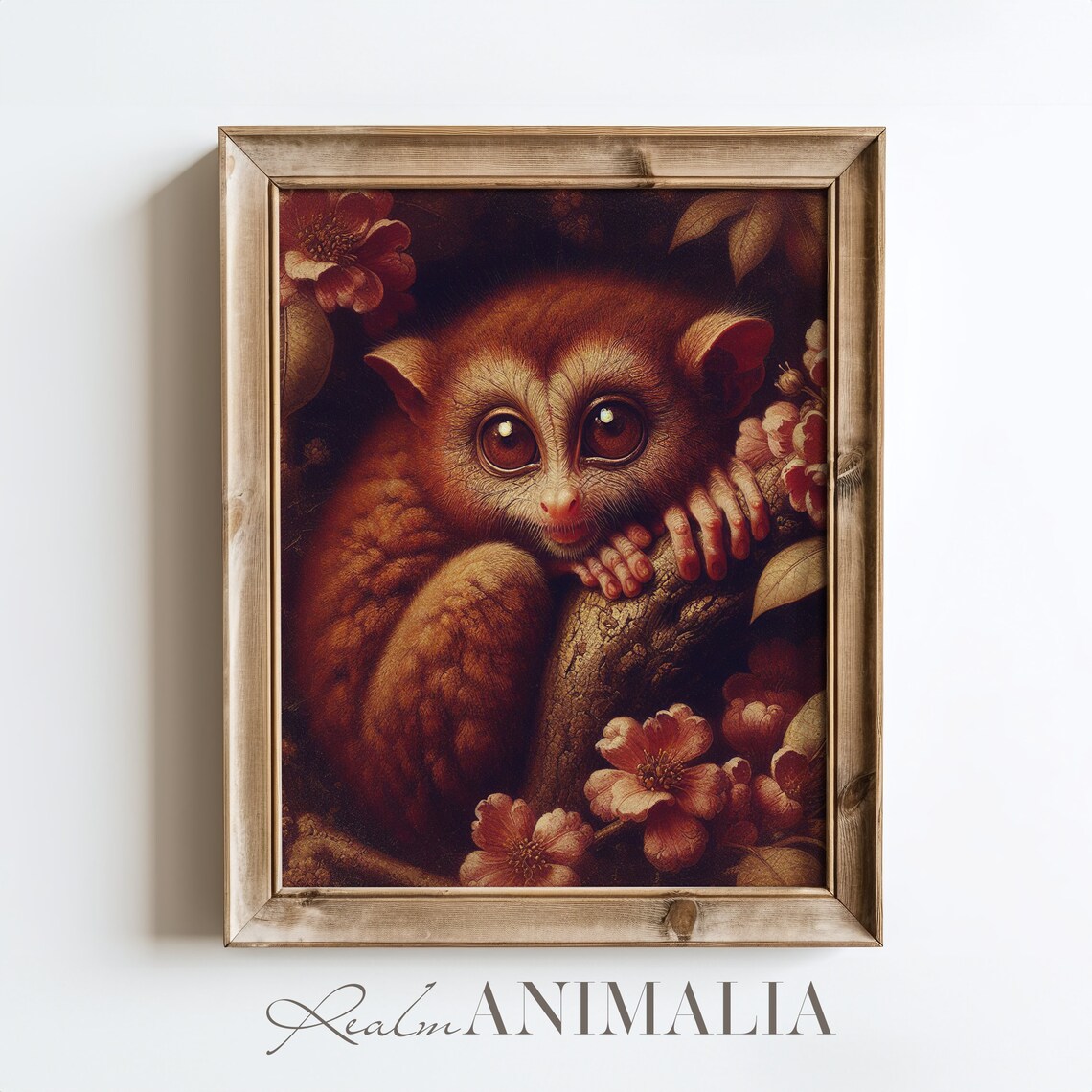 Tarsier Monkey With Big Eyes Clinging To Branch Floral Vintage Art Print - Image 4