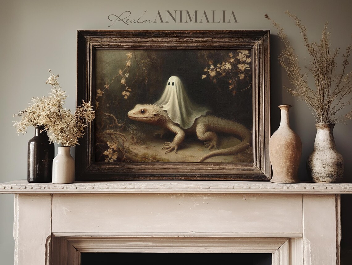 Little Ghost Riding Lizard Dark Forest Whimsical Halloween Cottagecore Poster - Image 3