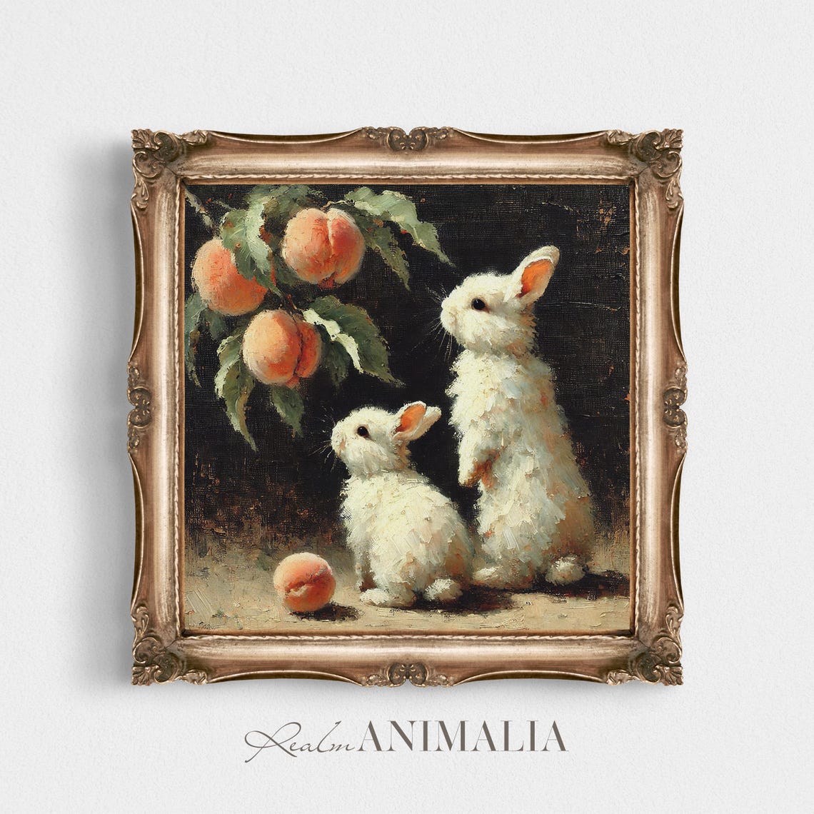 Two White Bunnies Gazing Up At Peaches Moody Vintage Painting Poster - Image 4