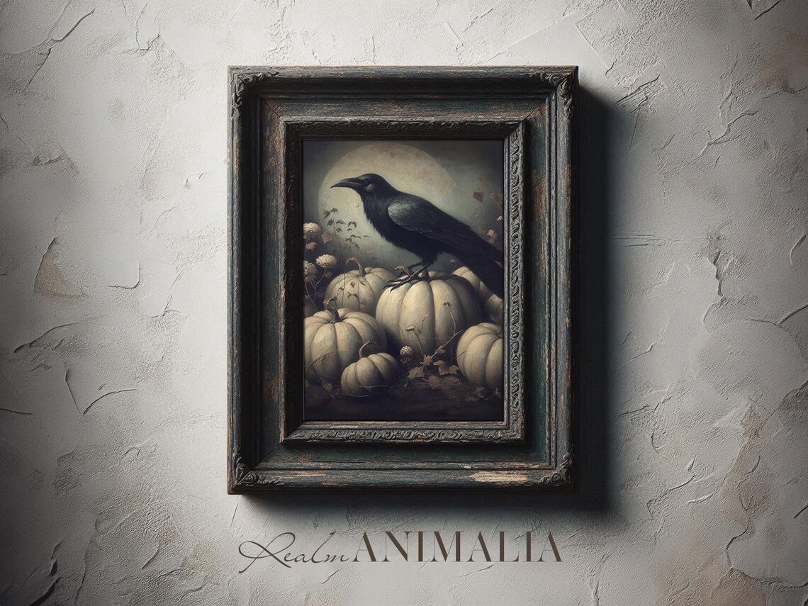 Crow In Pumpkin Patch Vintage Halloween Art Print - Image 2