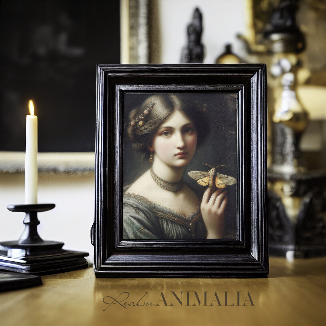 Vintage Victorian Woman Portrait Holding Moth Dark Academia Gothic Art Poster - Image 2