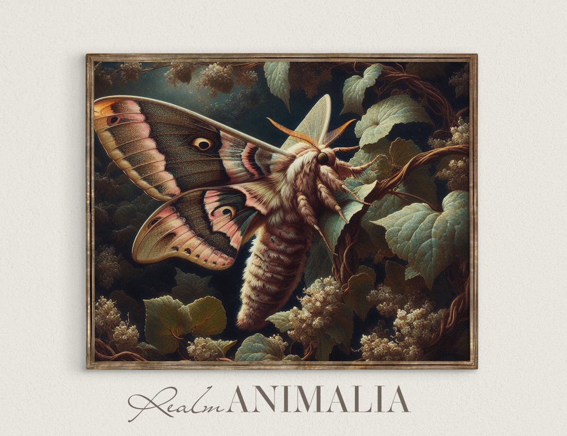 Giant Silk Moth Among Night Leaves Moody Vintage Insect Wall Art Print