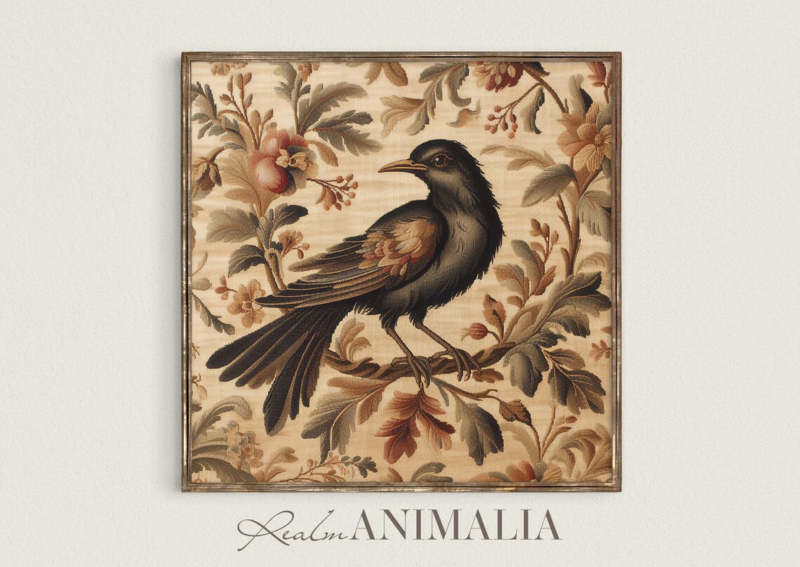 Blackbird On Branch Vintage Botanical Tapestry Floral Poster