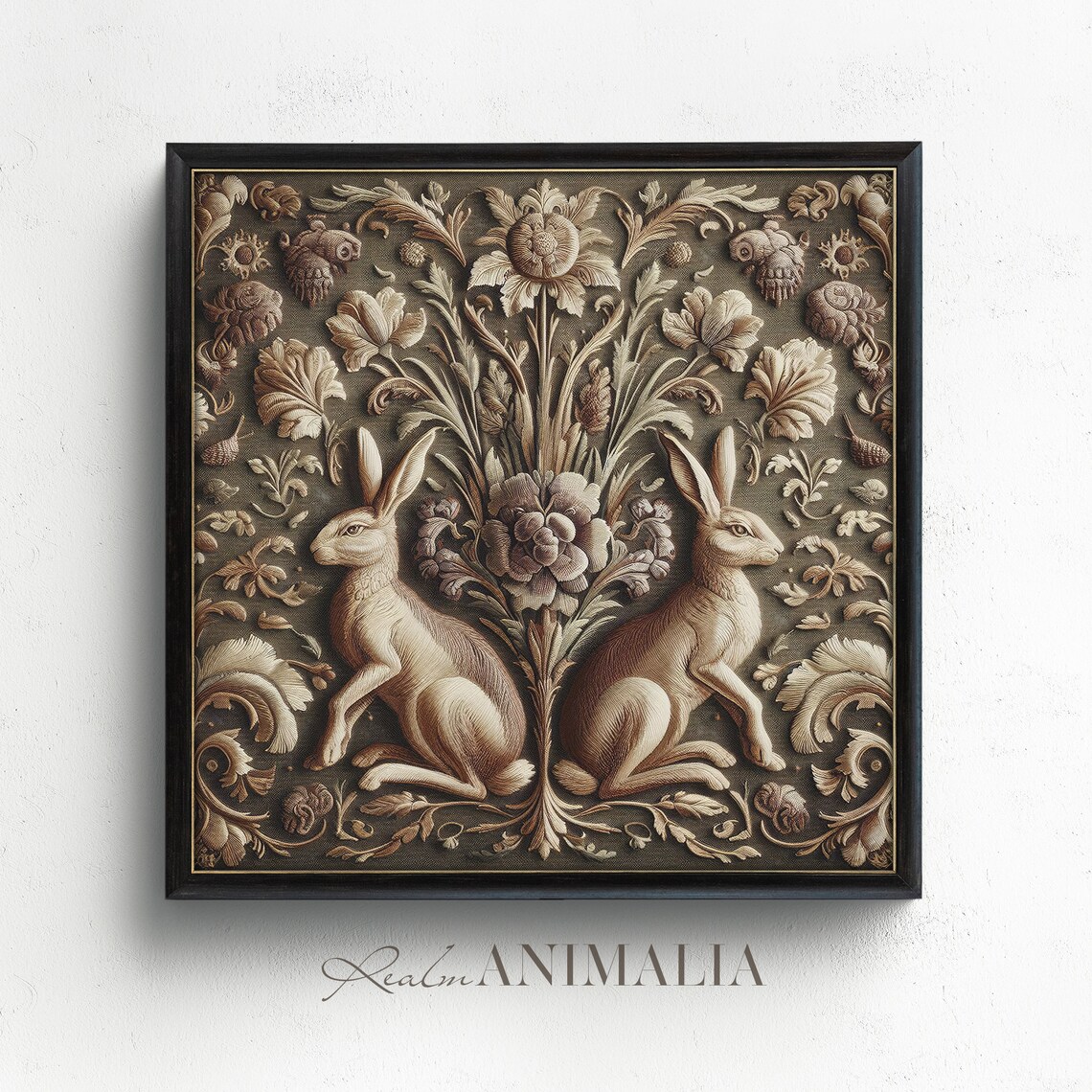 Vintage Two Hares Flanking Floral Tapestry Symmetrical Sepia Textile Art Print - Image 4