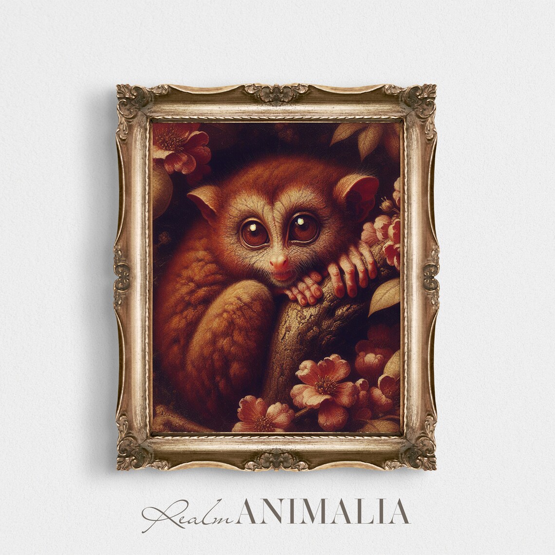 Tarsier Monkey With Big Eyes Clinging To Branch Floral Vintage Art Print - Image 2