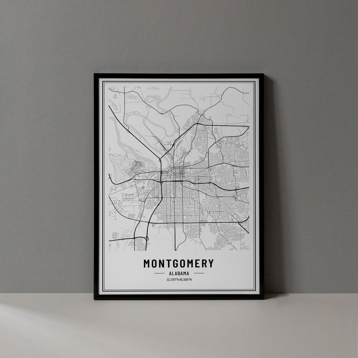 Montgomery Alabama Black and White Minimalist City Map Poster