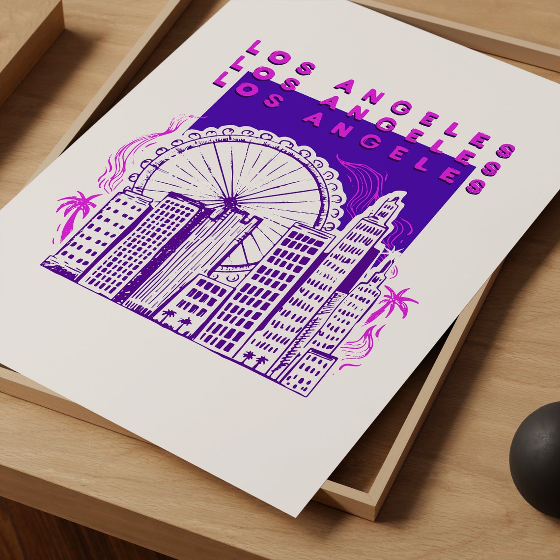 Los Angeles Pop Art Poster Pink Purple Skyline Ferris Wheel Design - Image 3