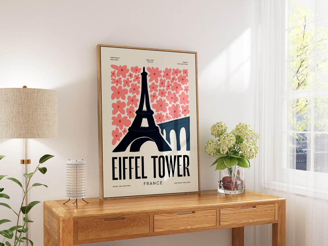 Eiffel Tower Paris France Pink Flower Botanical Vintage Art Poster - Image 5