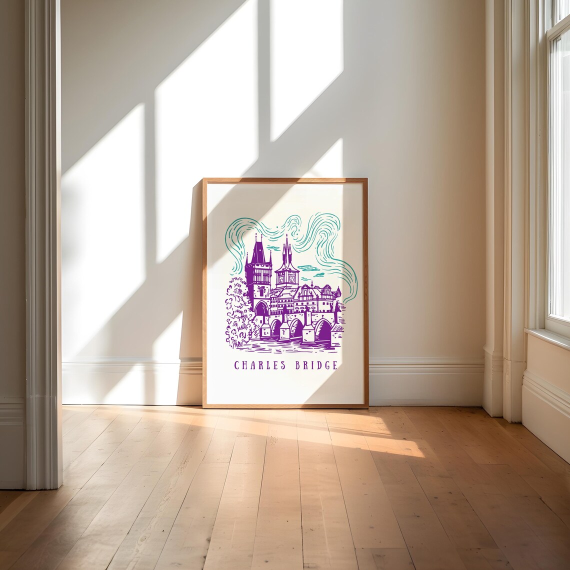 Charles Bridge Prague Hand Drawn Purple Illustration Art Poster - Image 3