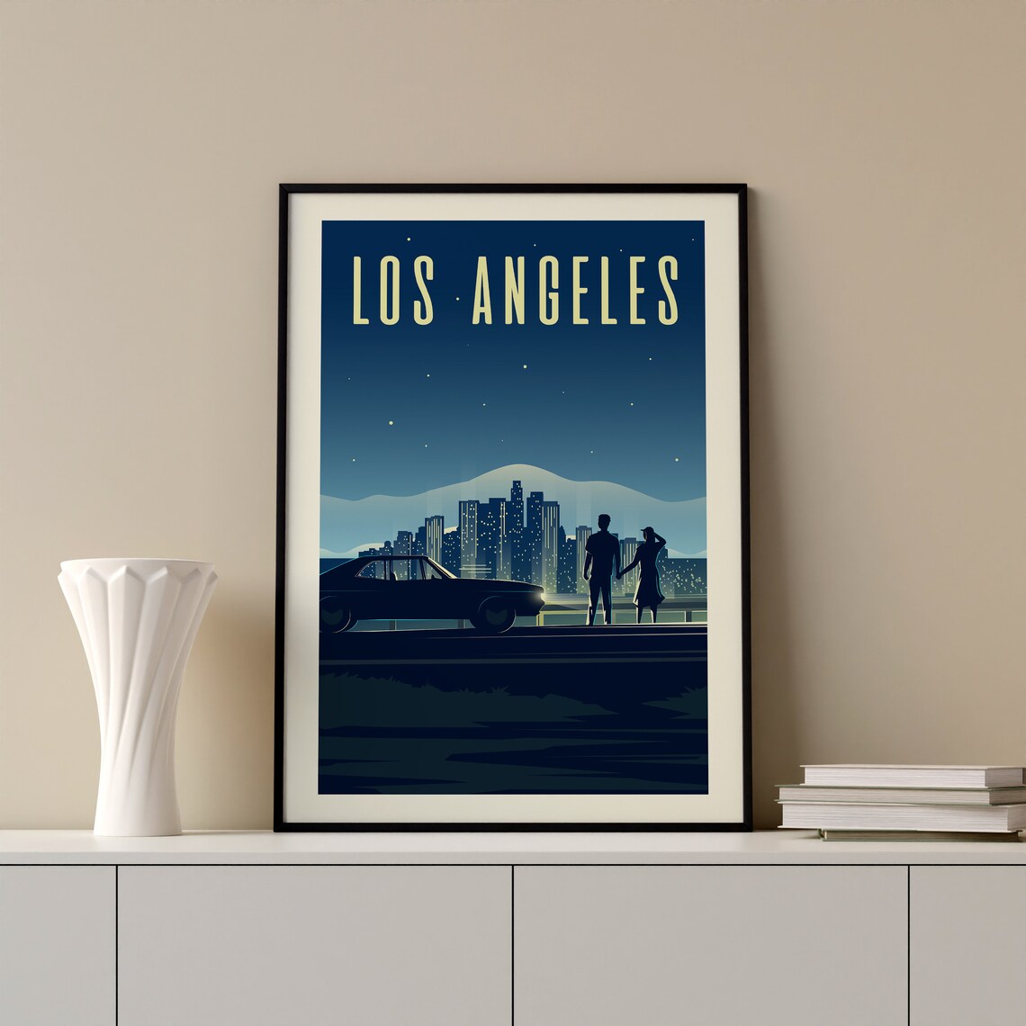 Los Angeles Night Skyline Couple Classic Car City Lights Poster Art - Image 2