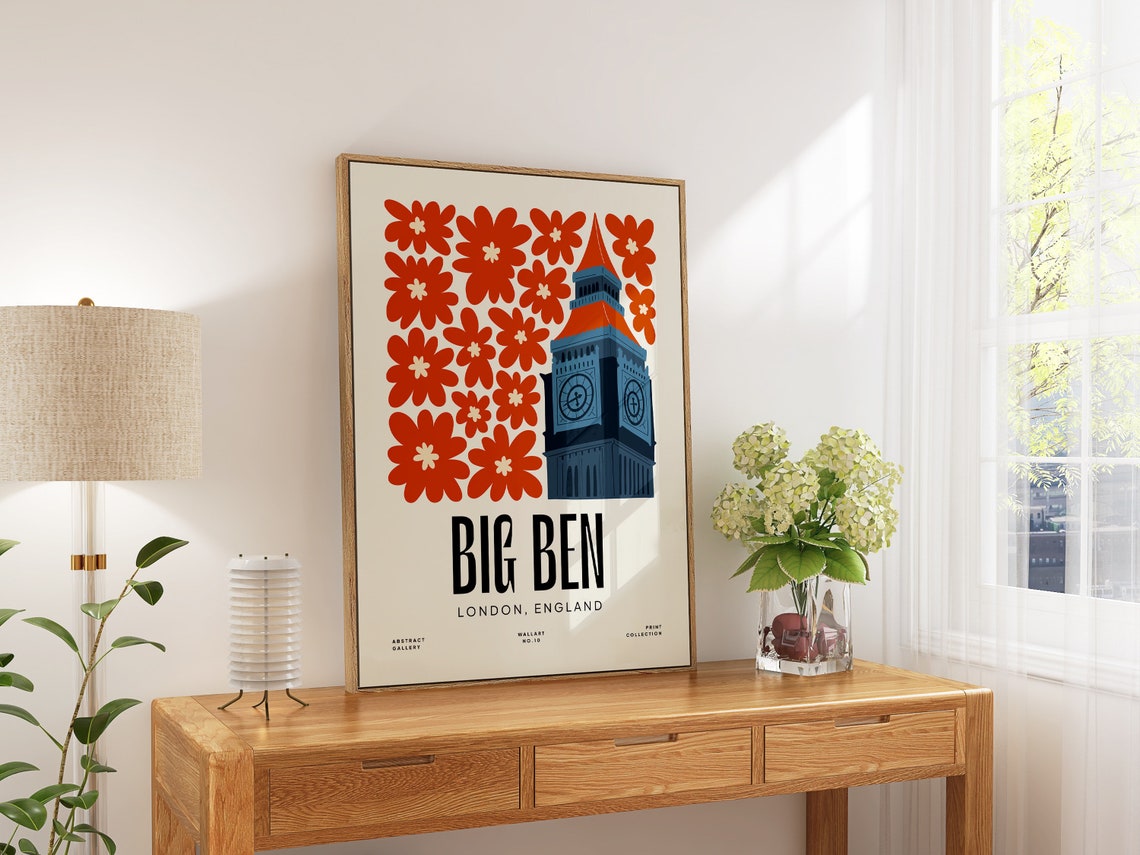 Big Ben London England Bold Orange Floral Abstract Art Poster - Image 5