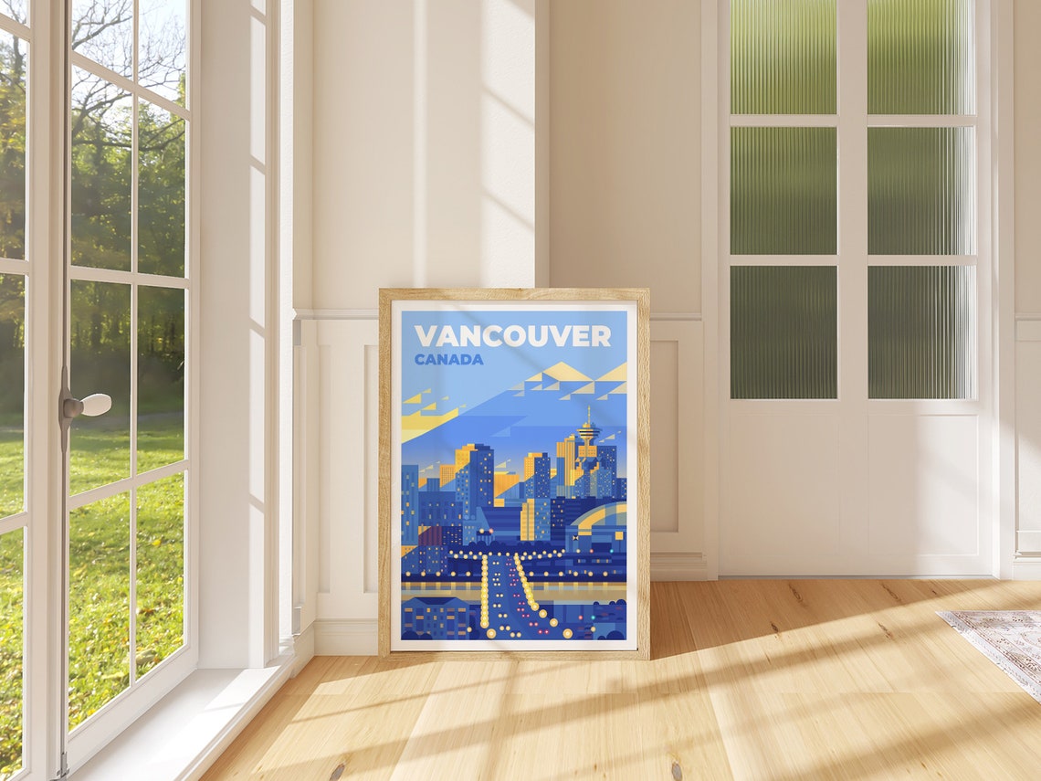 Vancouver Canada Retro Travel Poster Geometric Skyline Night Art - Image 4
