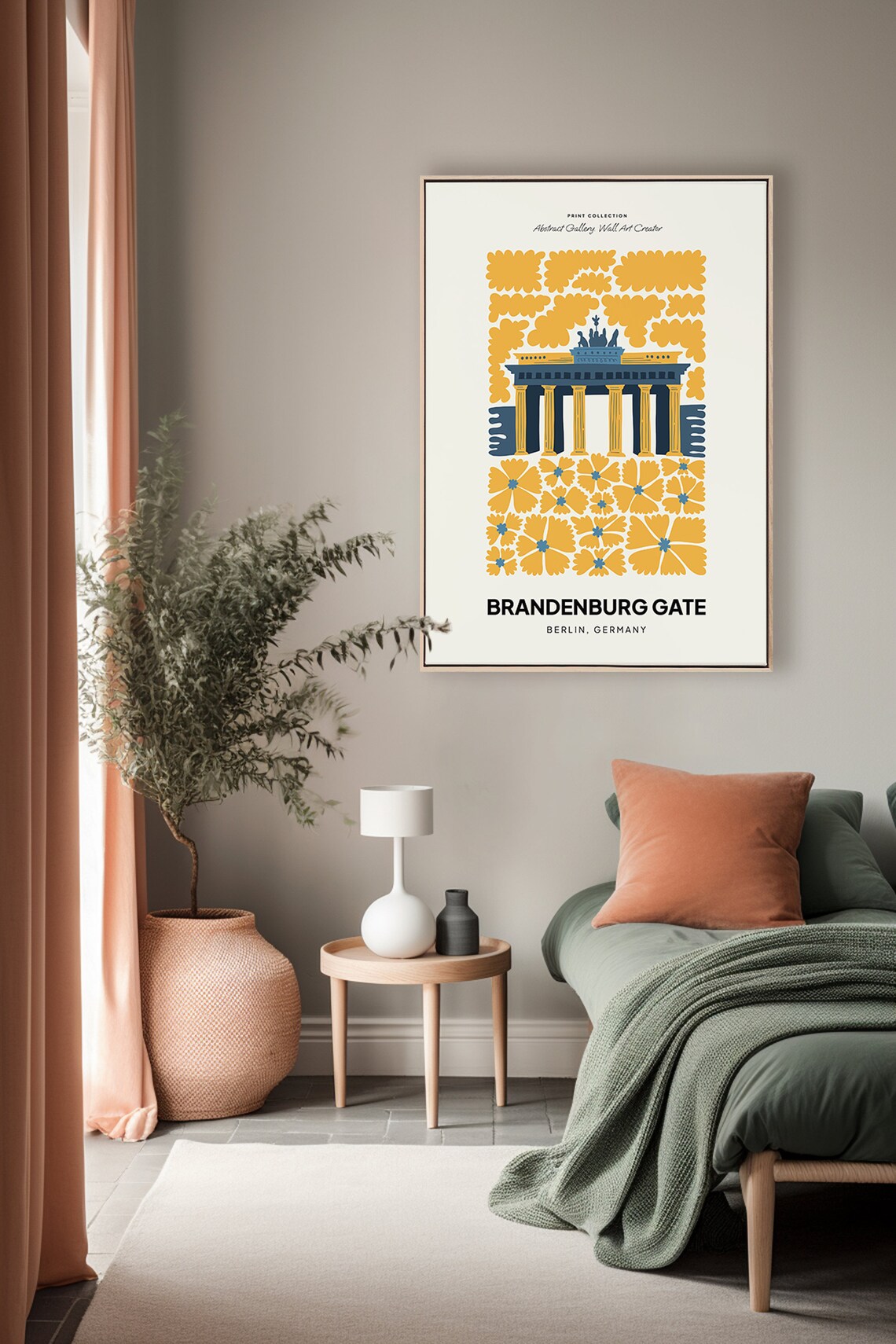 Brandenburg Gate Berlin Germany Mustard Yellow Floral Art Poster - Image 4
