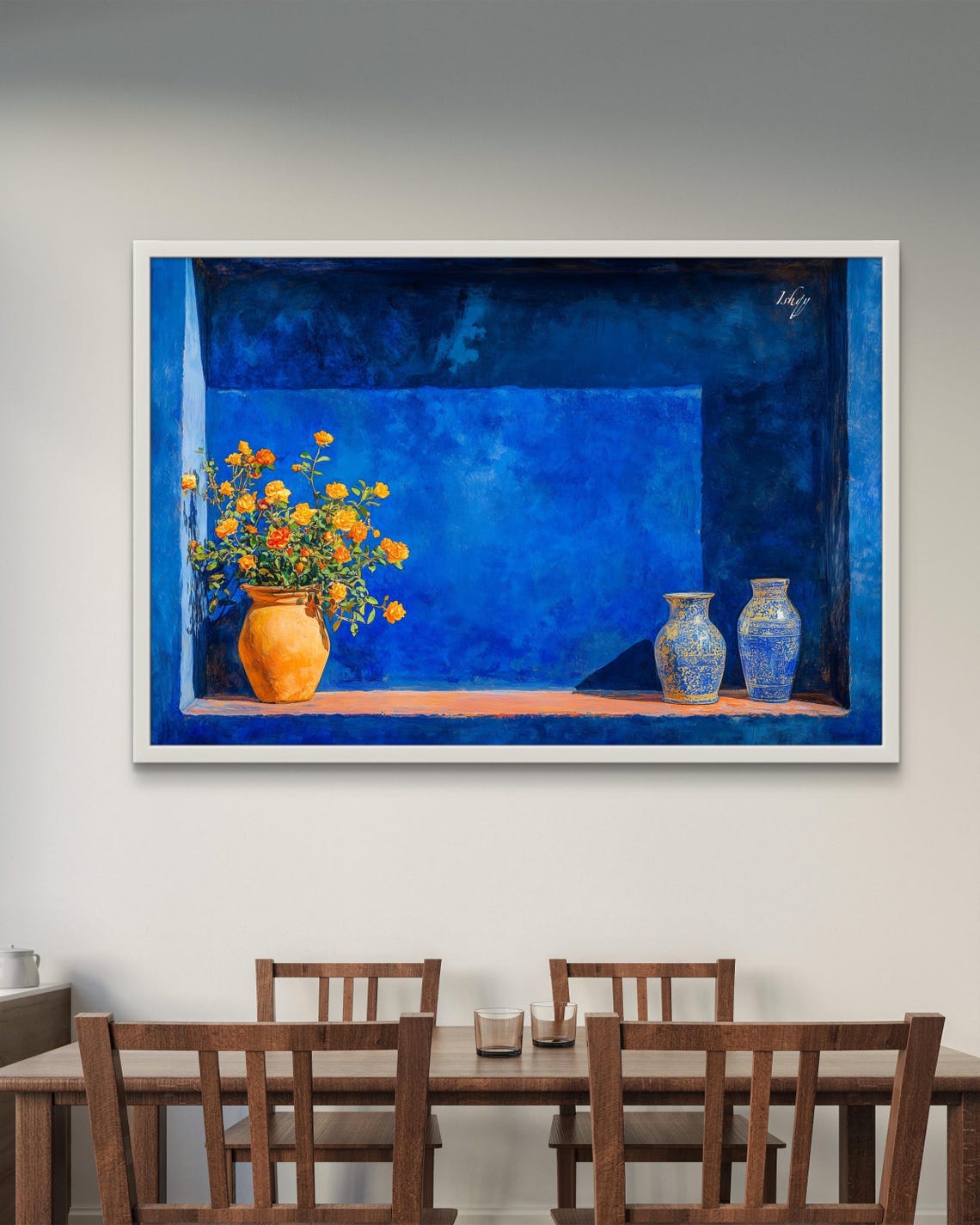 Cobalt Blue Moroccan Niche With Roses and Ceramic Vases Poster - Image 3