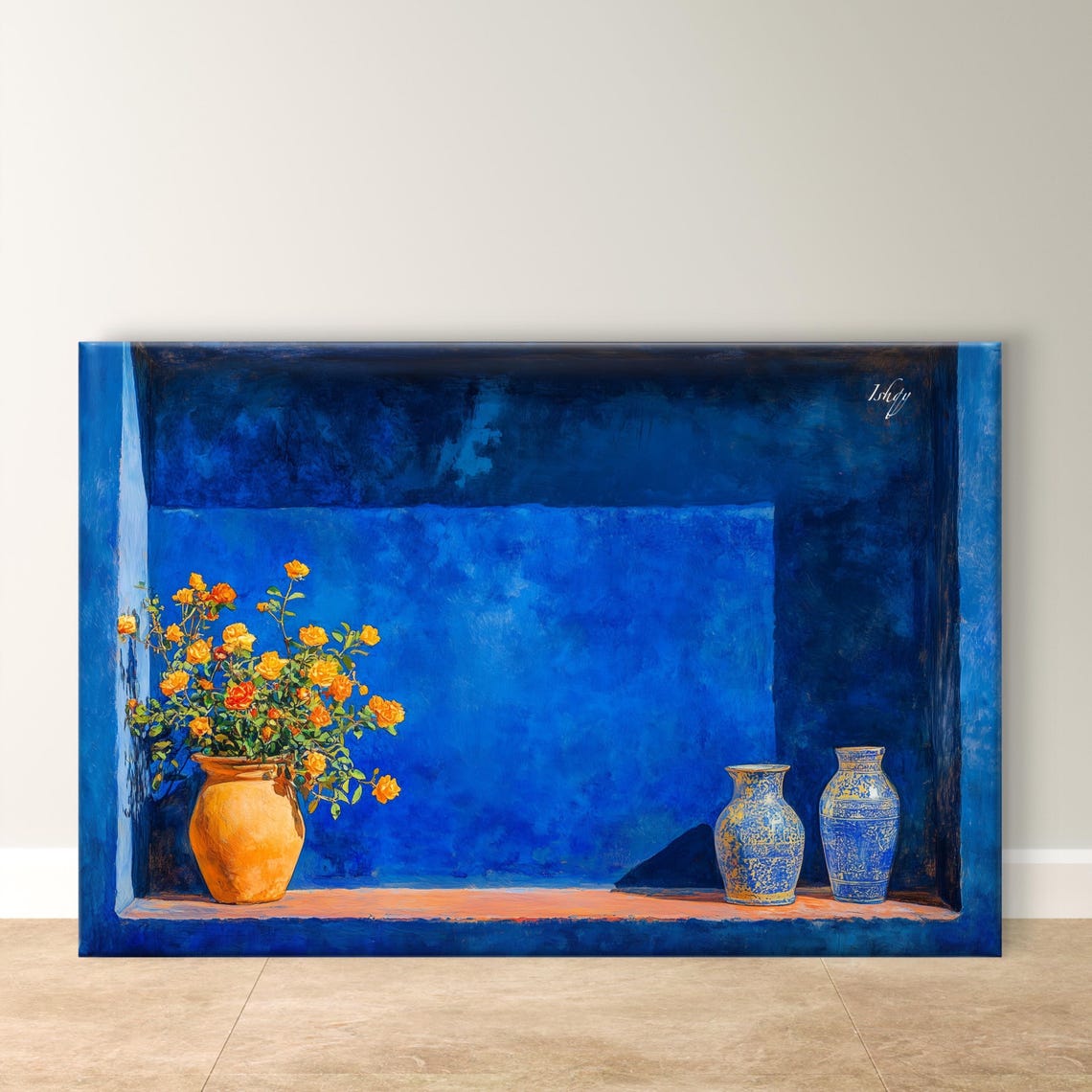 Cobalt Blue Moroccan Niche With Roses and Ceramic Vases Poster