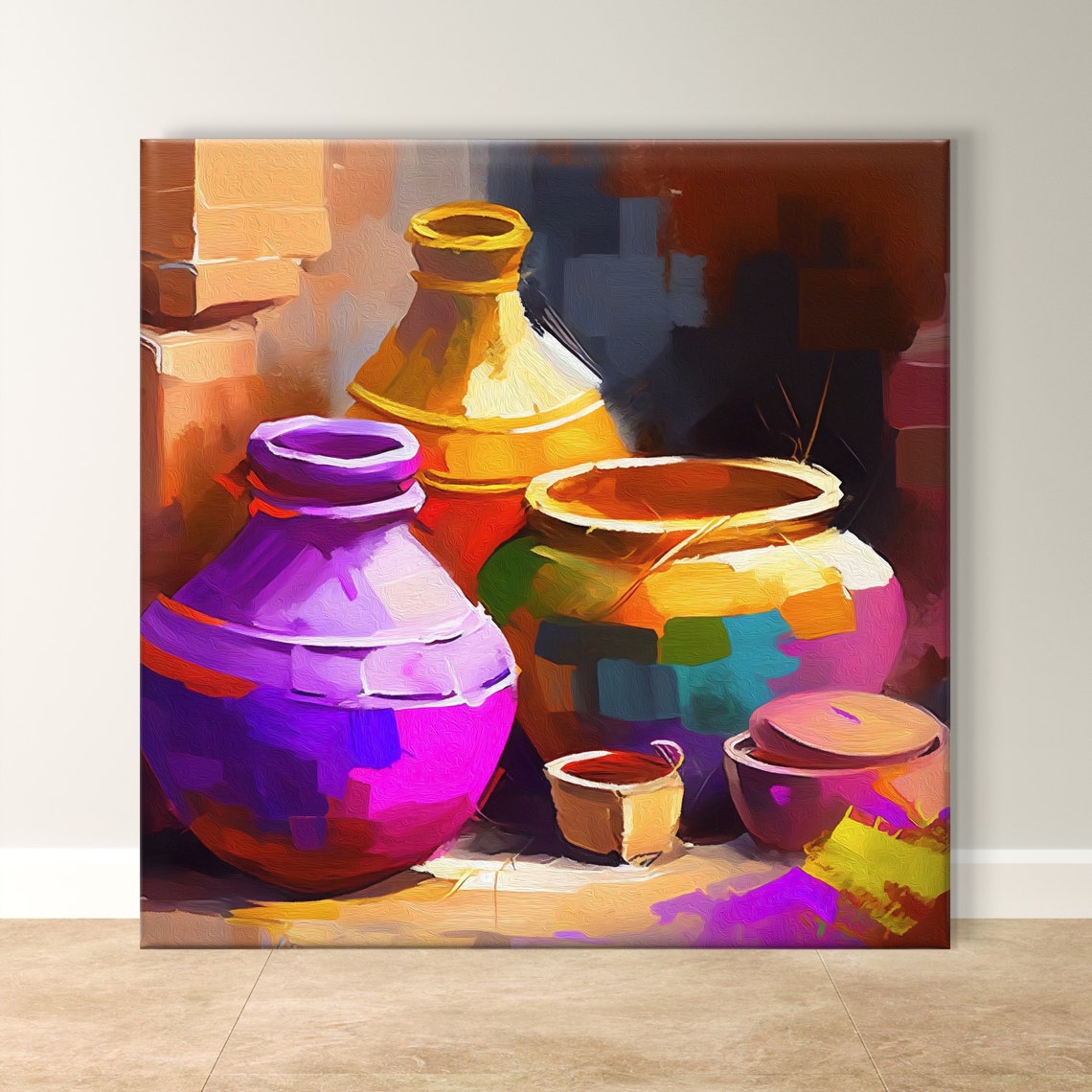 Colorful Clay Pottery Still Life Painting in Warm Hues Poster