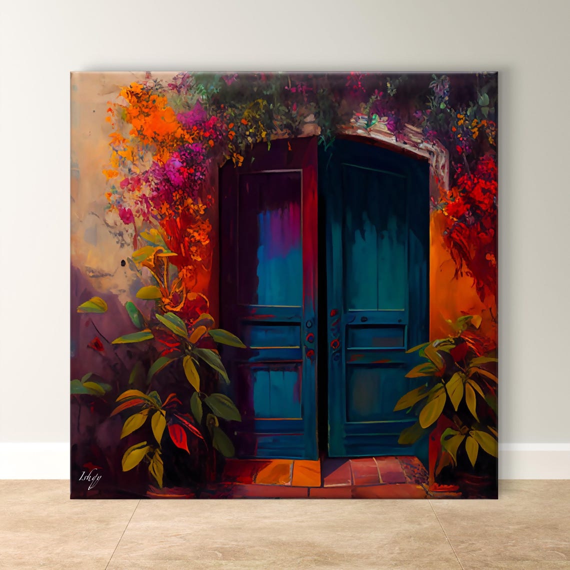 Teal Wooden Double Door Surrounded by Bright Flowers Garden Poster