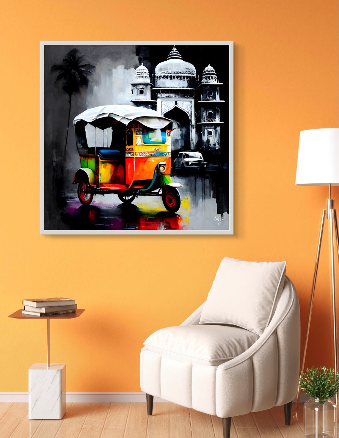 Painted Rickshaw Before a Gray Indian Temple Street Scene Poster - Image 2