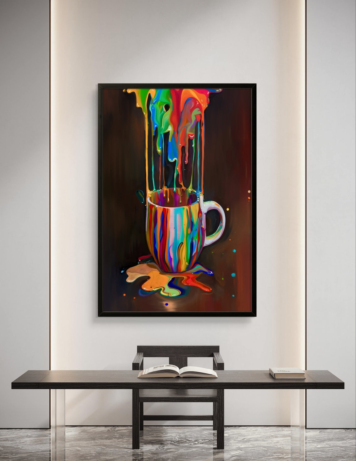 Rainbow Paint Pouring Into Coffee Mug Dark Background Pop Art Poster - Image 3