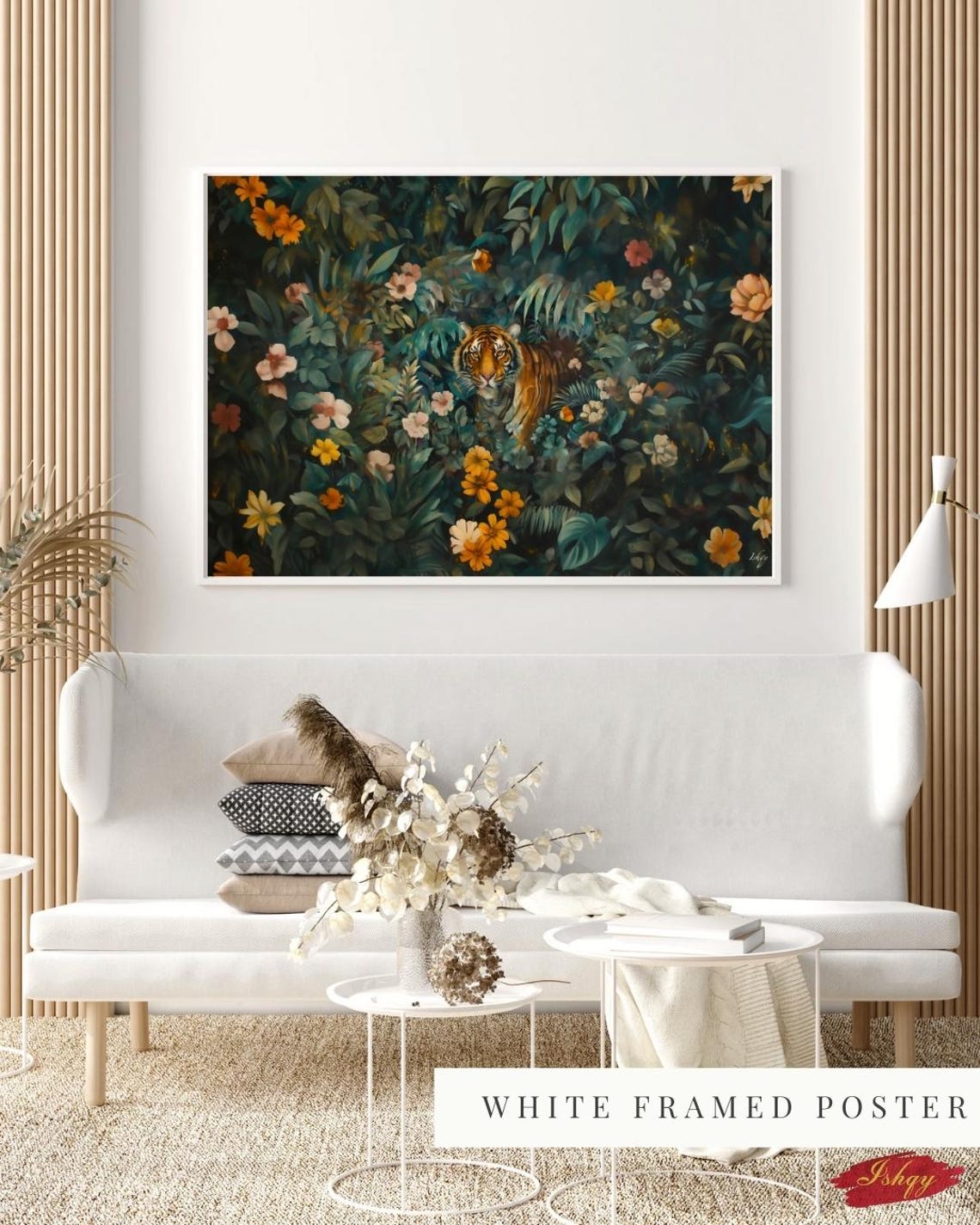 Tiger Walking Through Moody Botanical Jungle Blossoms Art Poster - Image 2