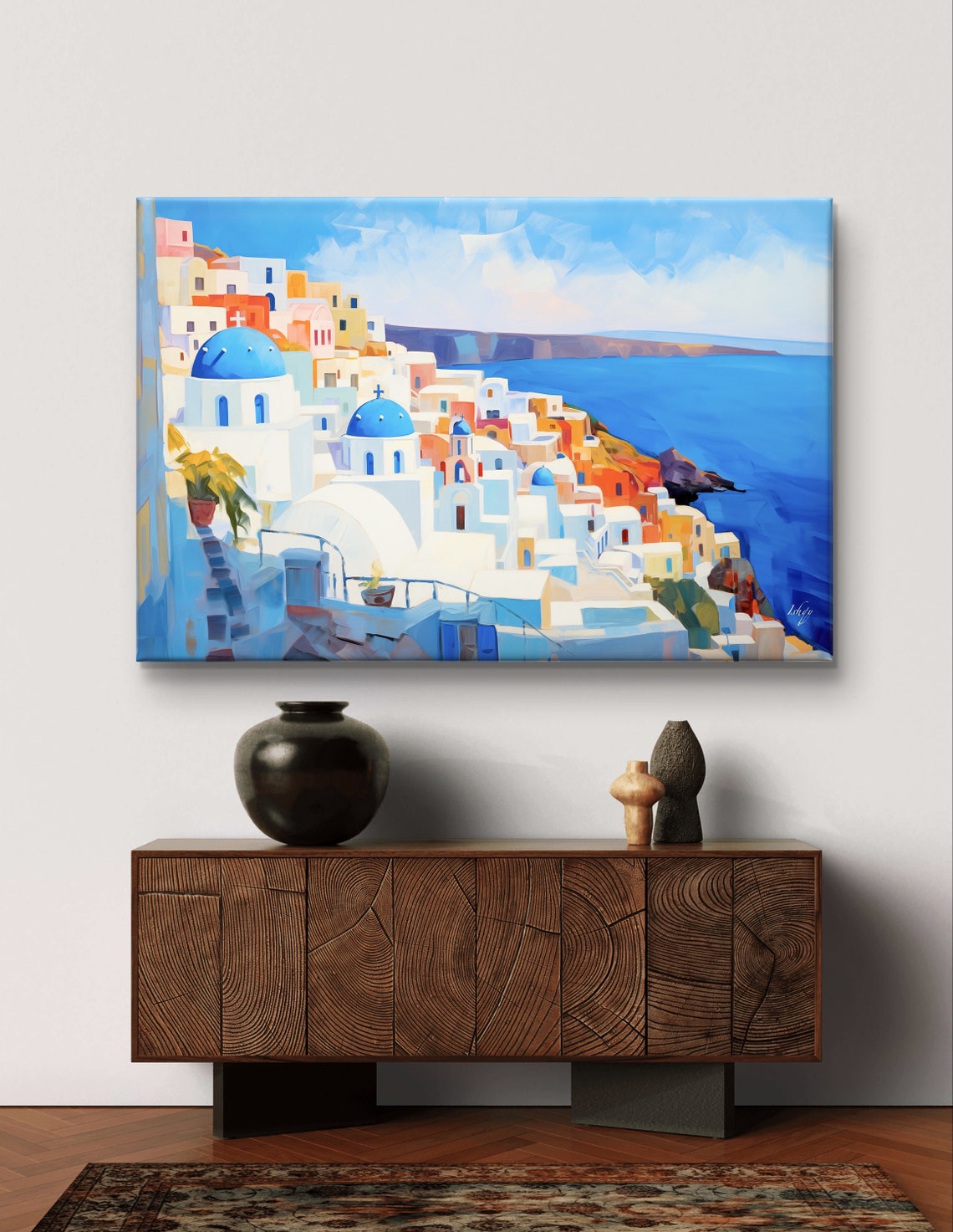 Santorini Blue Dome Churches Over the Aegean Sea Painting Poster - Image 5