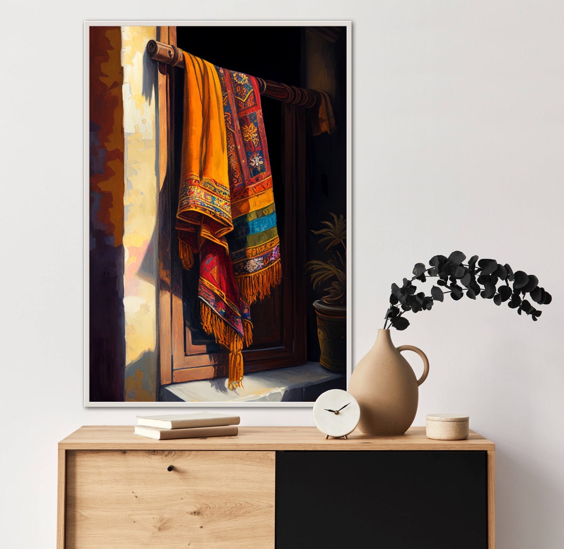 Embroidered Textiles Hanging Beside a Sunlit Wooden Doorway Poster - Image 4