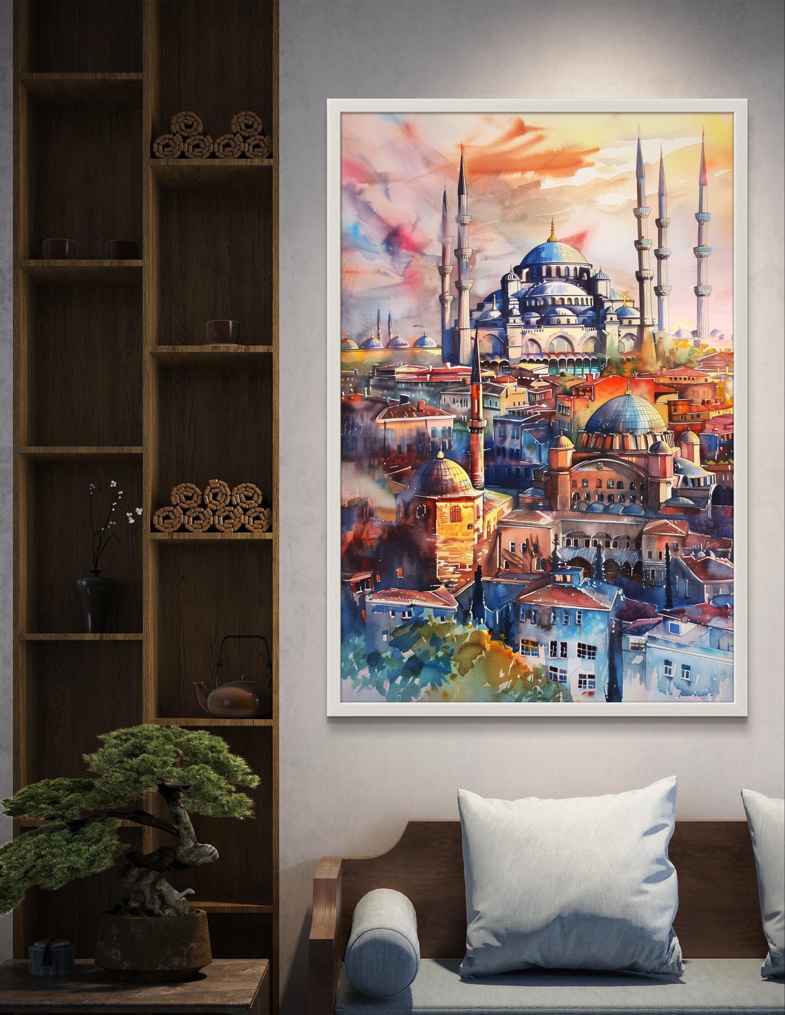 Istanbul Blue Mosque and Old Town Skyline Watercolor Sunset Poster - Image 3