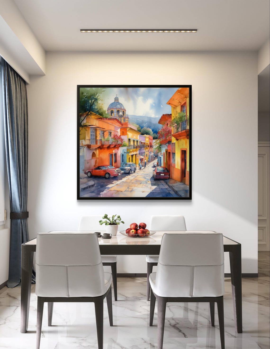 Jalisco Mexico Colorful Street with Church Dome Watercolor Poster - Image 2