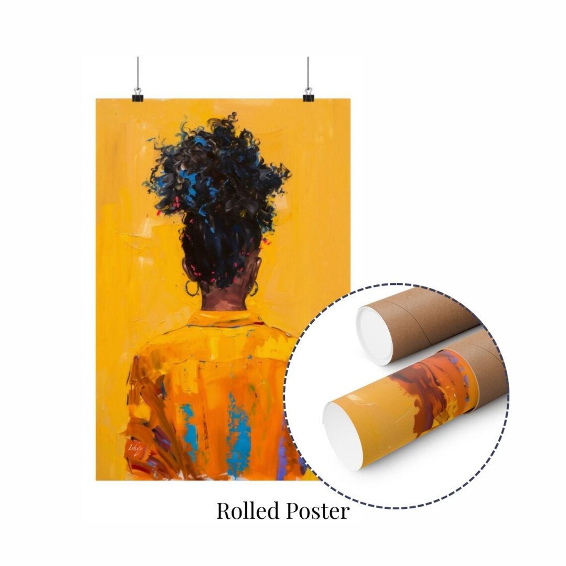 Afro Girl with High Puff Hairstyle on Golden Yellow Art Poster - Image 2