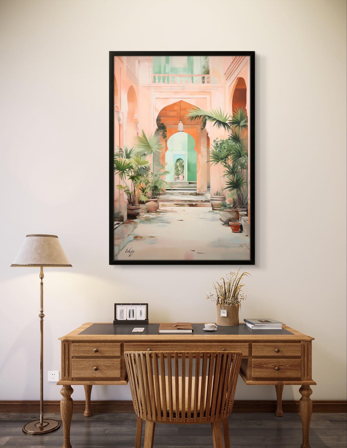 Peach Courtyard with Arched Corridor and Palm Plants Art Poster - Image 2