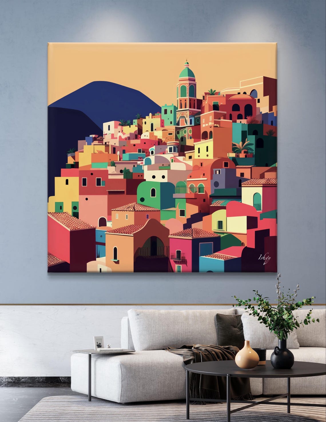 Colorful Mediterranean Hillside Village by the Sea at Dusk Poster - Image 4
