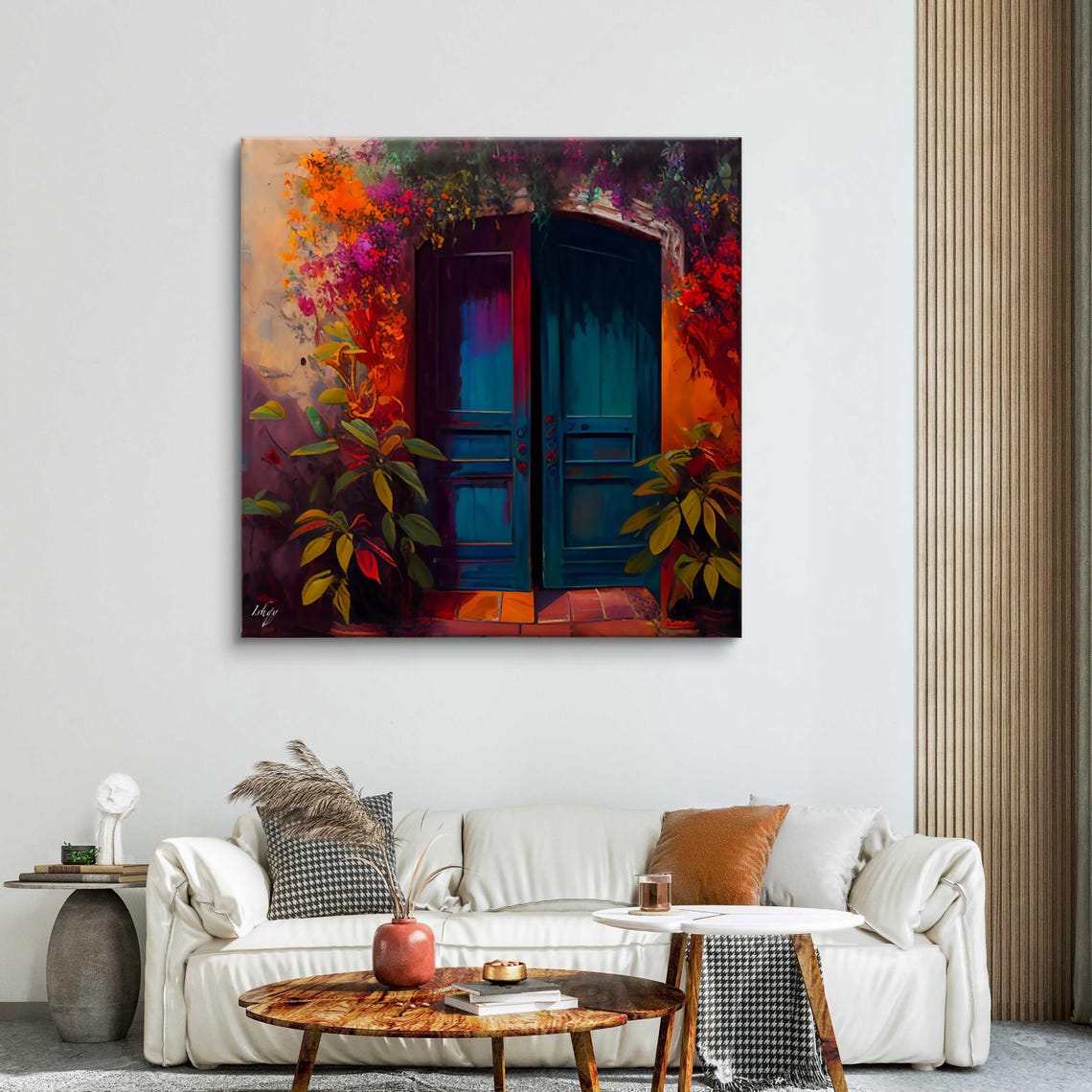 Teal Wooden Double Door Surrounded by Bright Flowers Garden Poster - Image 5
