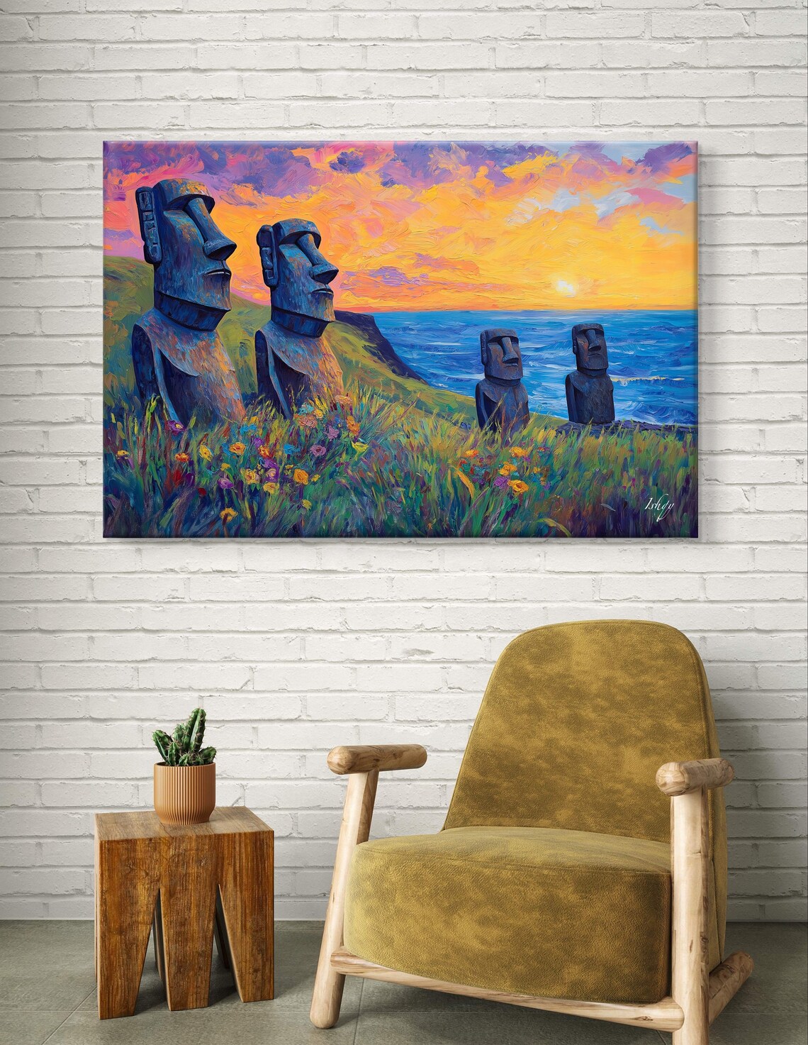 Easter Island Moai Statues at Sunset Over Ocean and Wildflowers Poster - Image 5