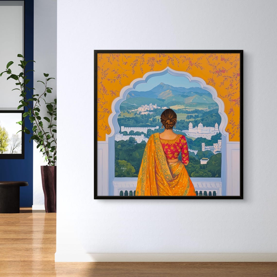 Woman at Palace Window Orange Saree India Royal View Art Poster - Image 2