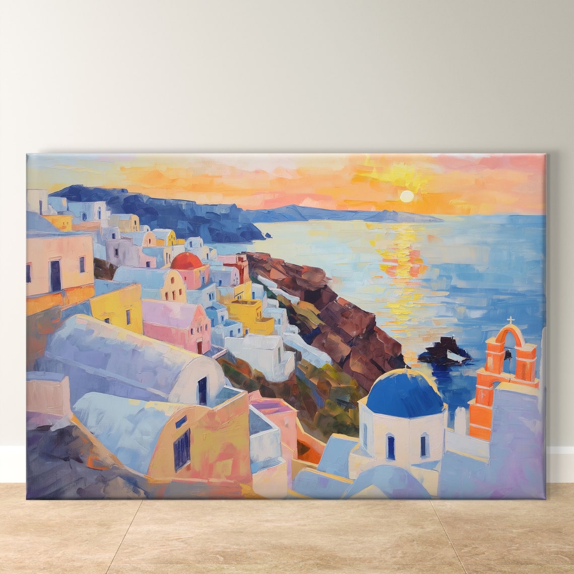 Santorini Greece Sunset Caldera Blue Domes Coastal Scene Art Poster