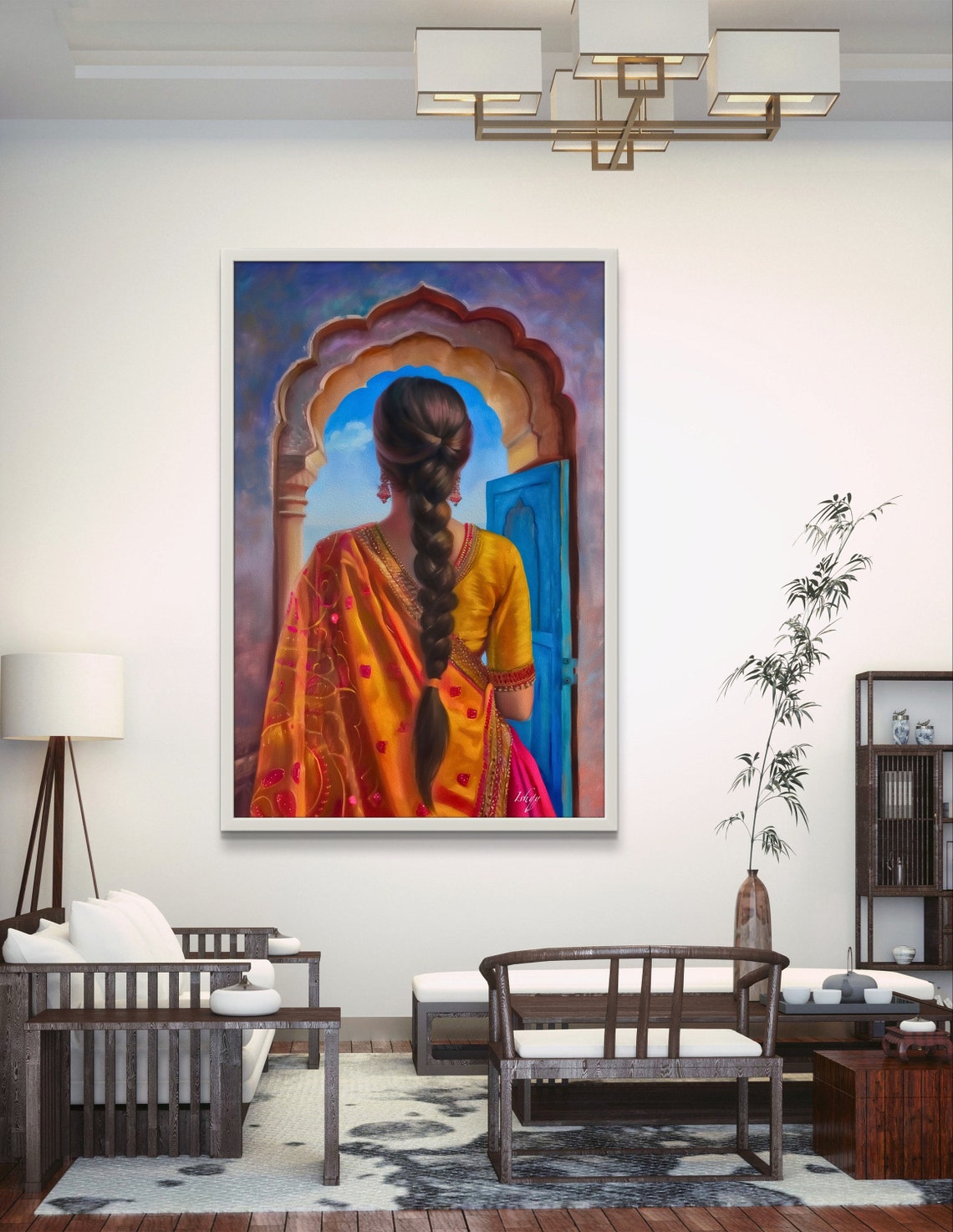 Punjabi Woman with Long Braid at Arched Blue Doorway Art Poster - Image 4