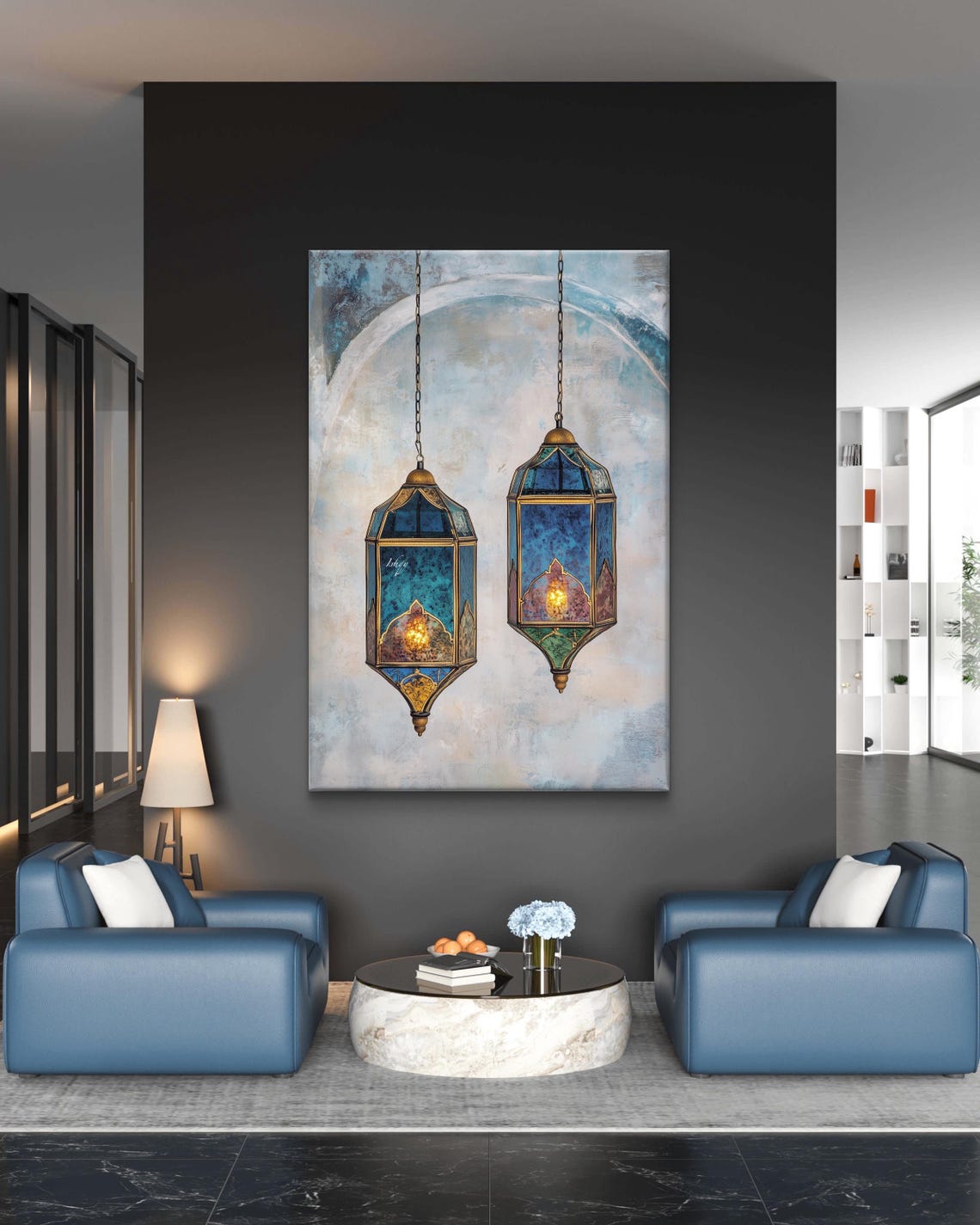 Two Moroccan Stained Glass Lanterns Hanging Still Life Painting Poster - Image 6