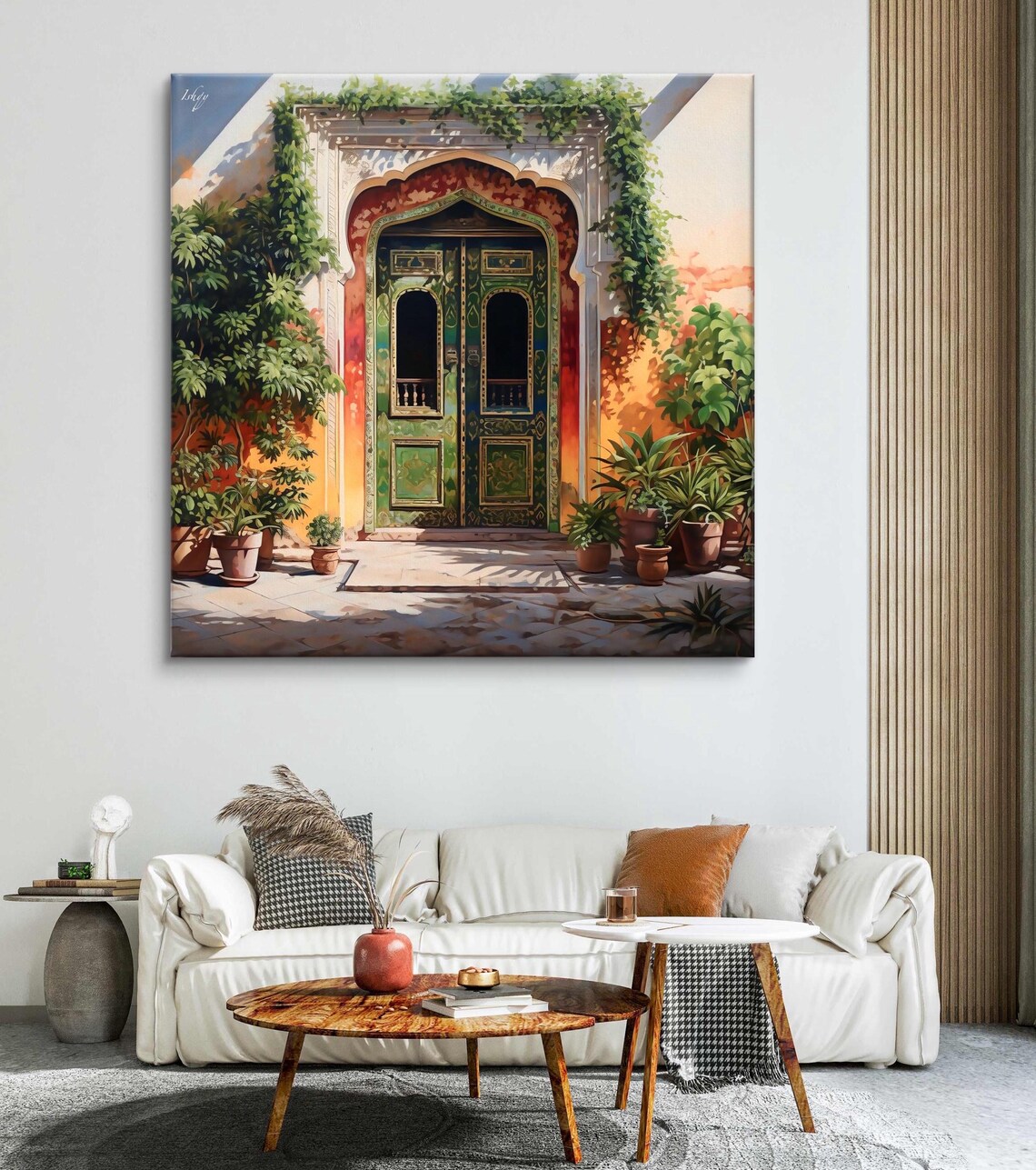 Green Carved Haveli Door Sunlit Arched Entrance India Art Poster - Image 5