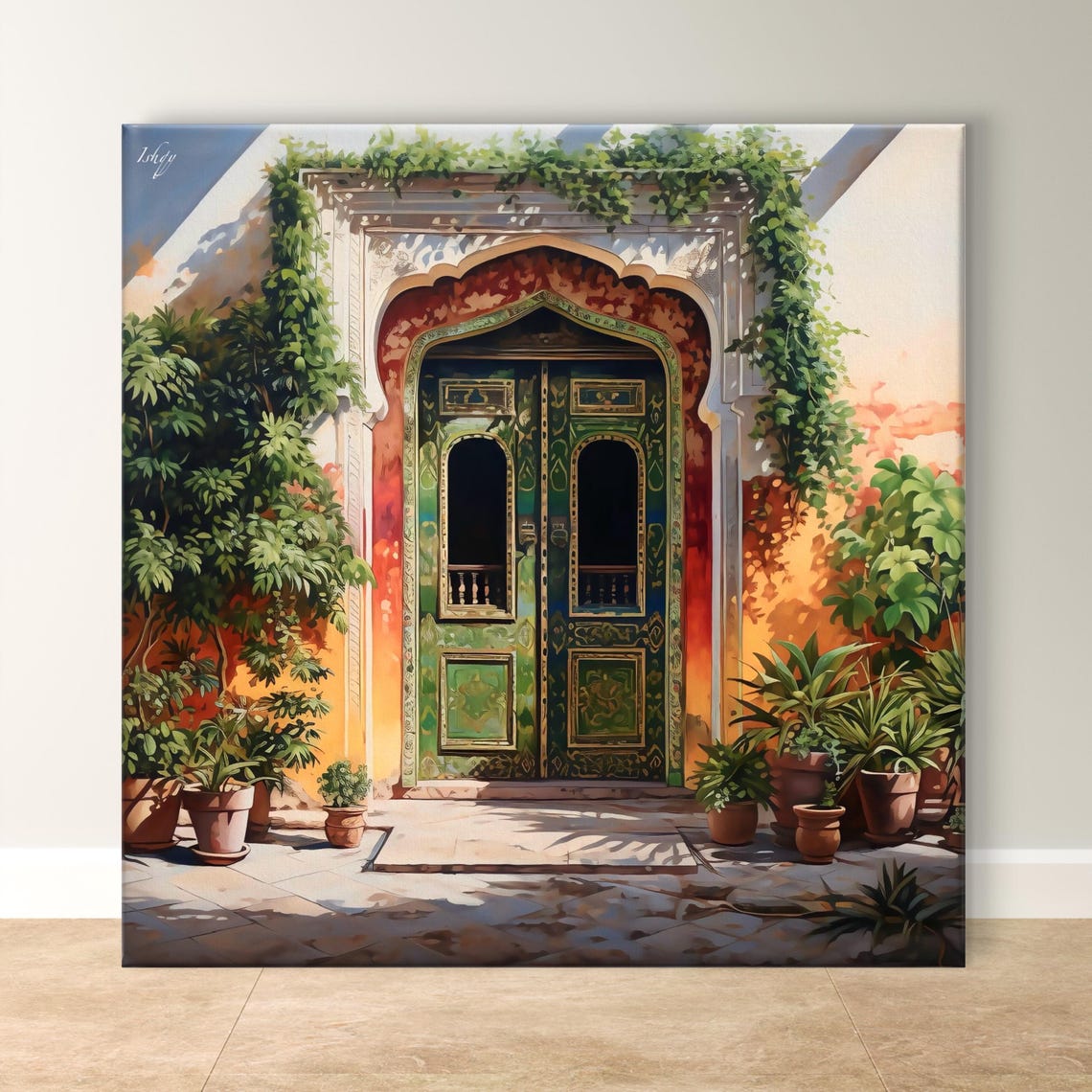 Green Carved Haveli Door Sunlit Arched Entrance India Art Poster