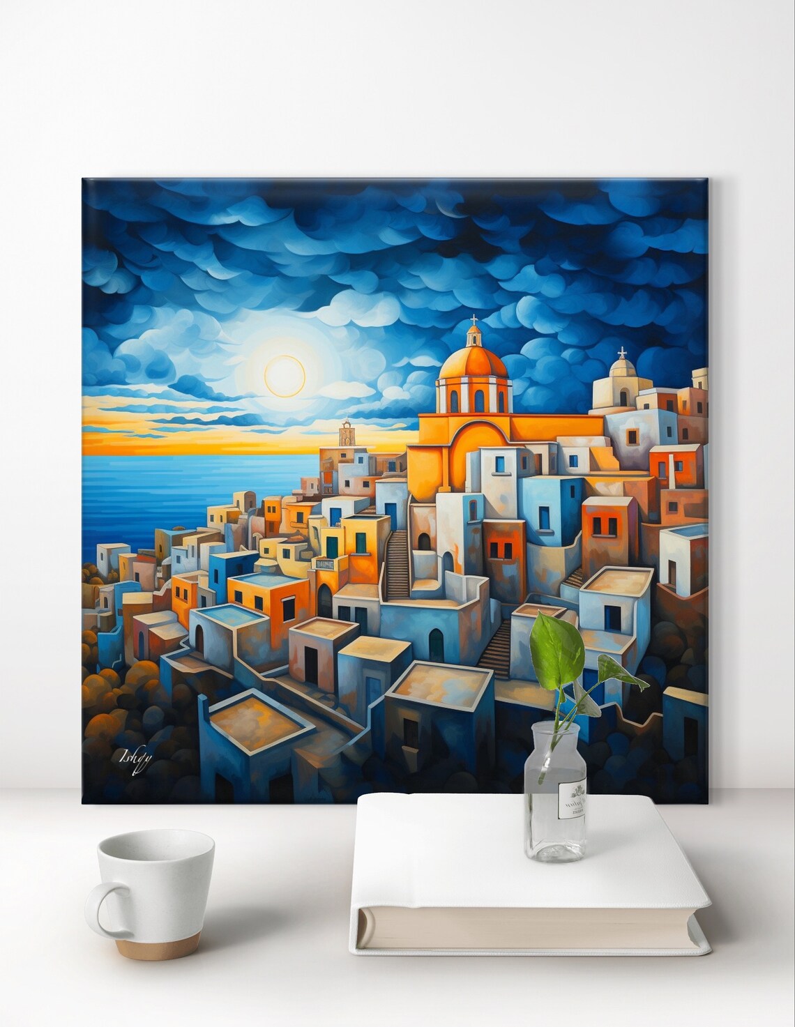 Greek Island Coastal Town at Sunset with Blue Domed Church Poster