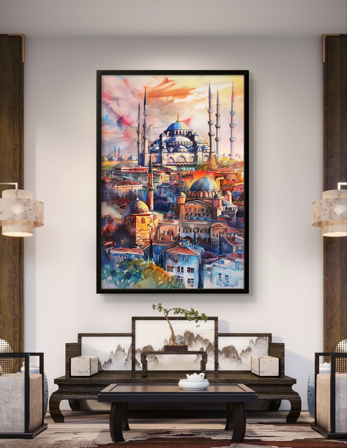 Istanbul Blue Mosque and Old Town Skyline Watercolor Sunset Poster - Image 2