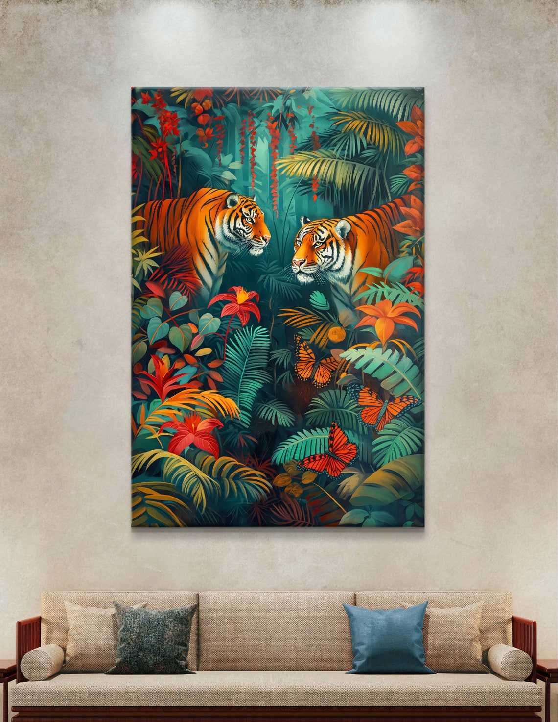 Two Tigers Facing Off In Lush Tropical Jungle Butterfly Art Poster - Image 6