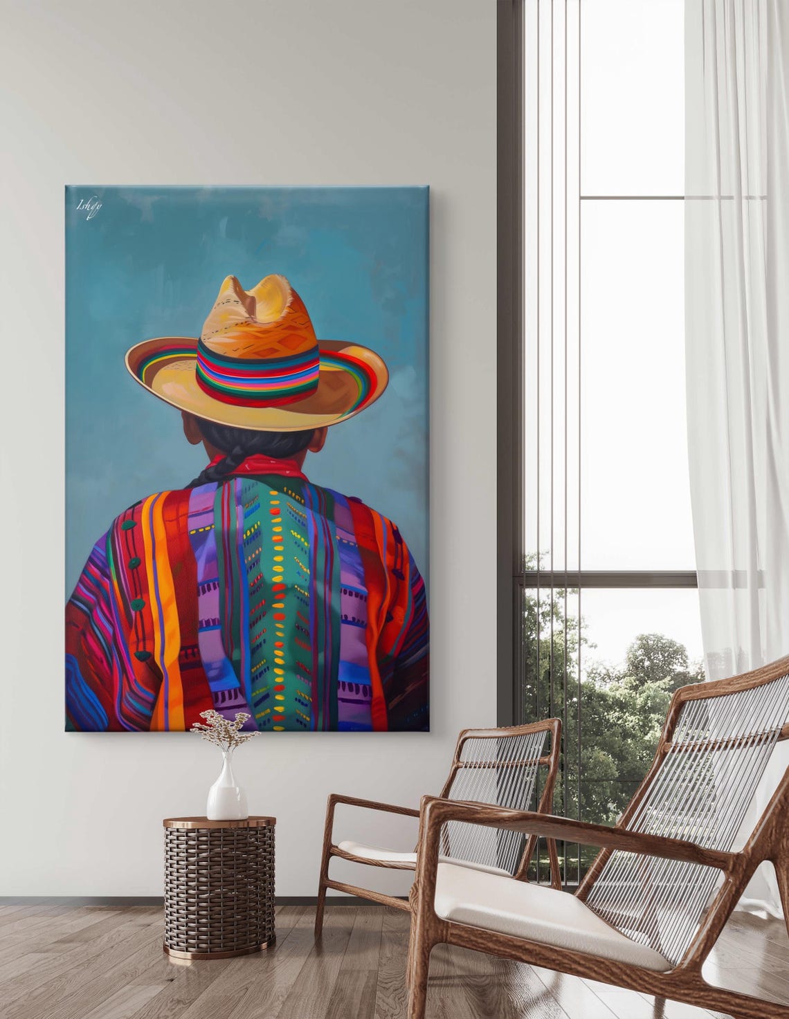 Cowboy Back View Rainbow Sombrero Woven Poncho Portrait Poster - Image 5